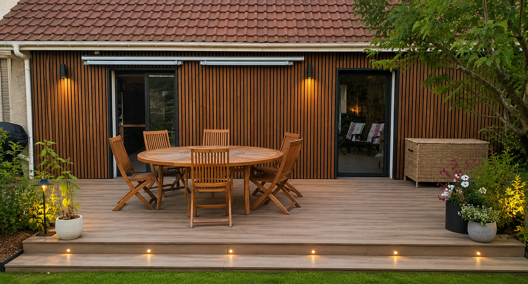 Een houten terras met een ronde tafel, zes stoelen, potplanten en sfeervolle verlichting ligt naast een moderne woning met verticale Scandinavische akoestische panelen.